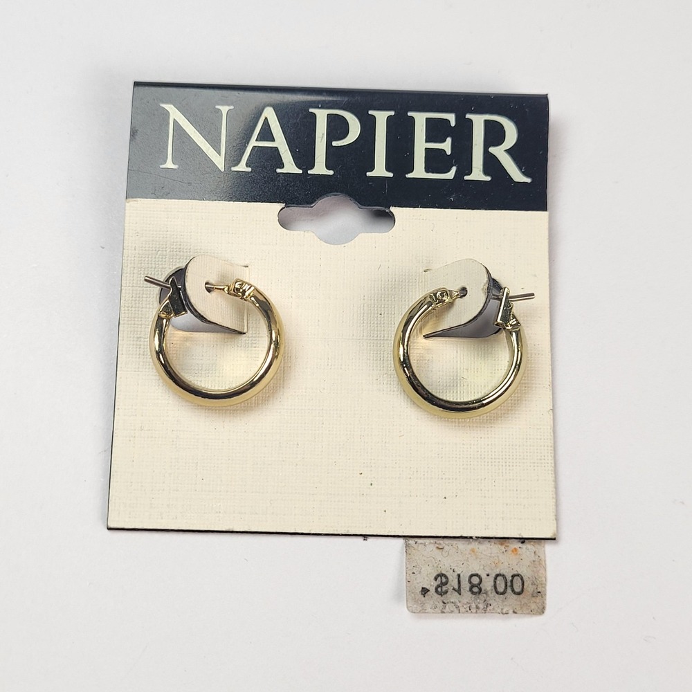 Napier Gold Tone Huggie Hoop Earrings Hinged Round Small Classic Jewelry NOS